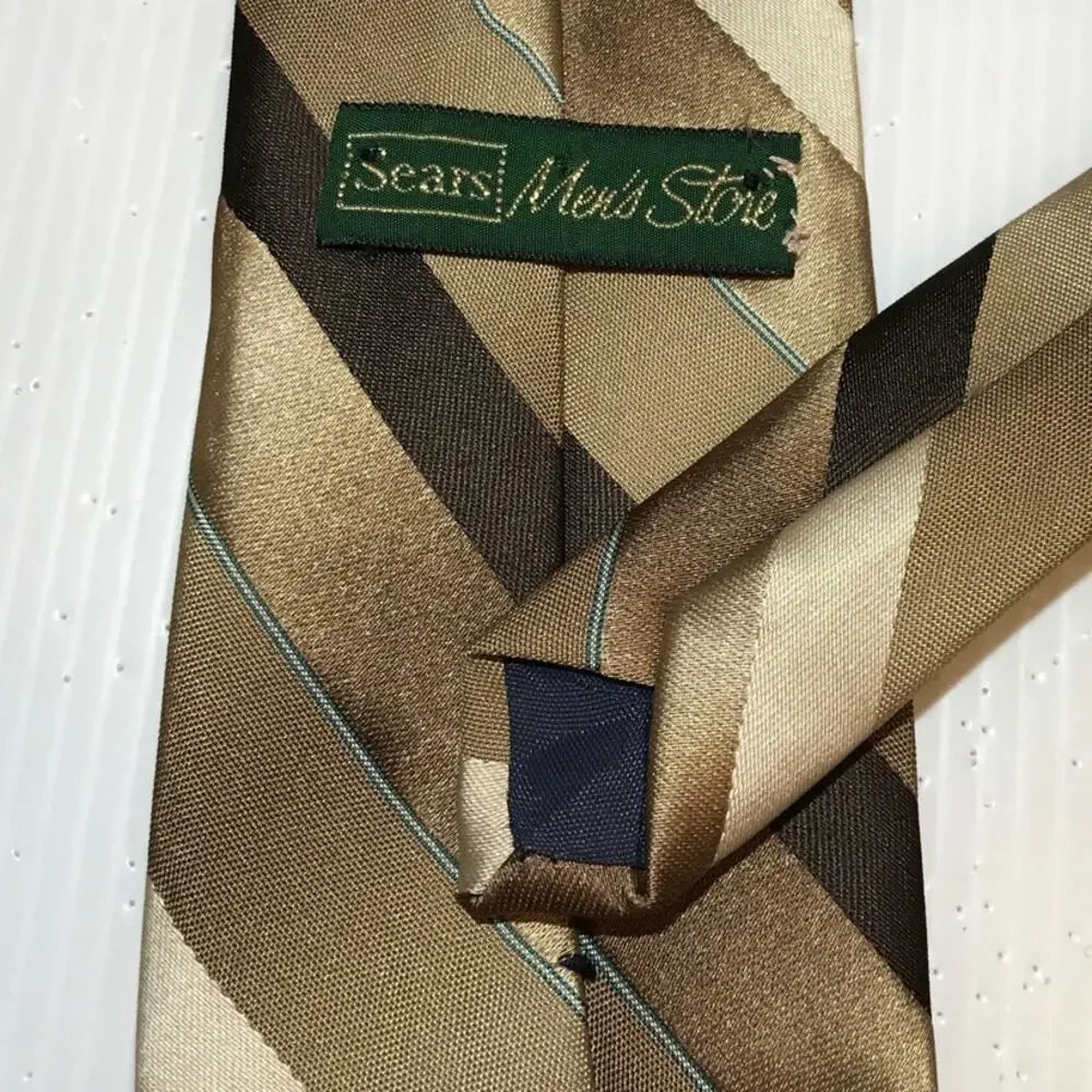 Sears Men’s Store Vintage Gold Brown Striped Classic Skinny Men Necktie